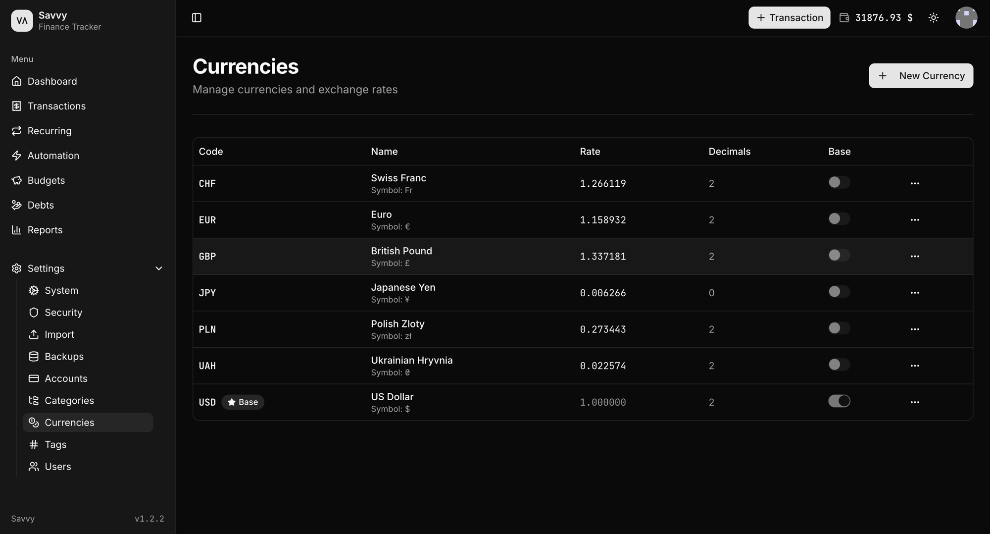 Savvy's Currencies settings: CHF, EUR, GBP, JPY, PLN, UAH and USD with live exchange rates and a base currency.